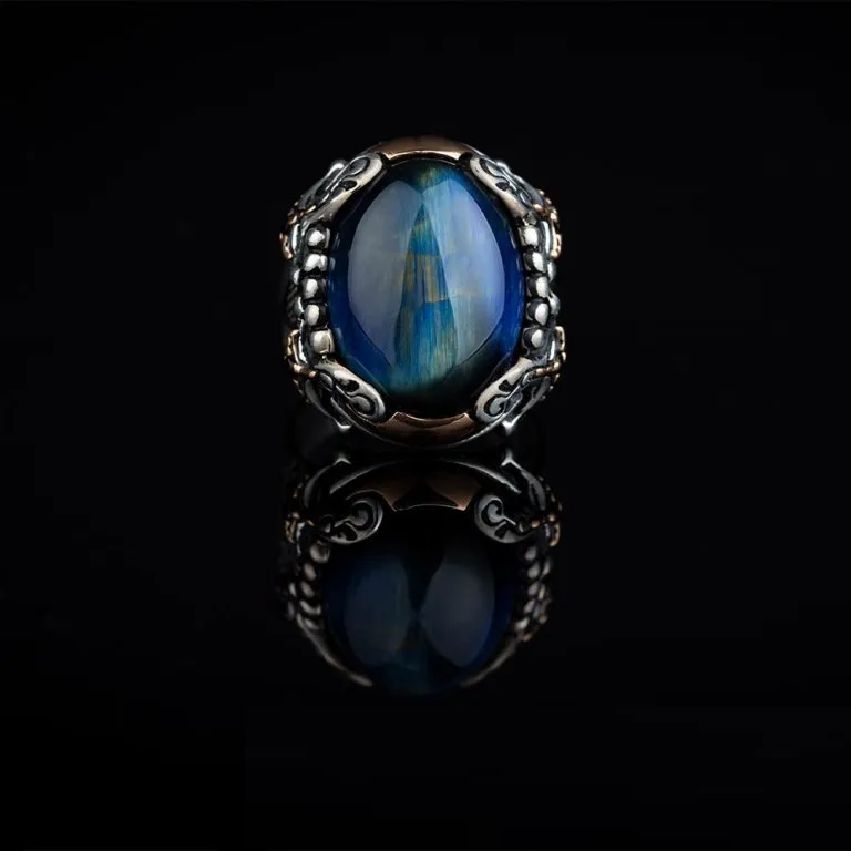Blue Tiger Eye Crossed Sword Band Silver Ring Secondary image