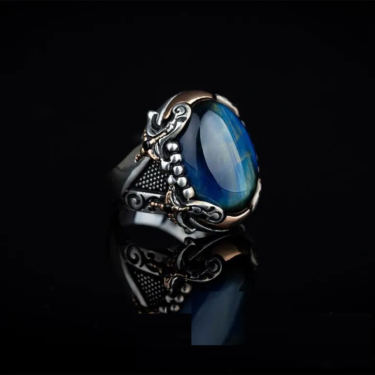 Blue Tiger Eye Crossed Sword Band Silver Ring Main image