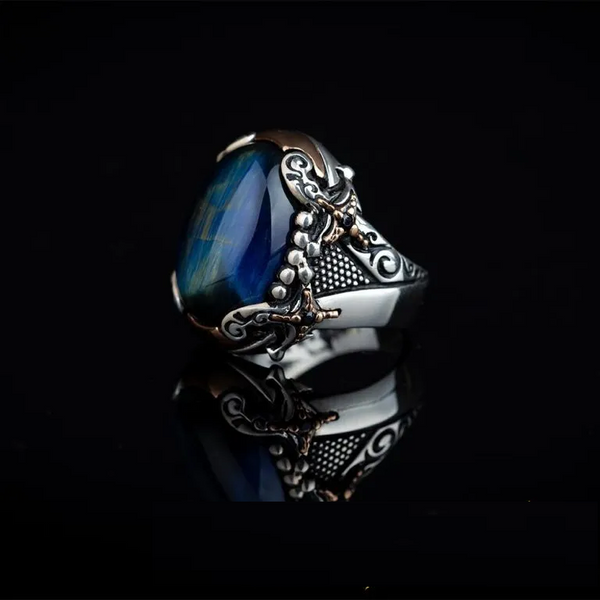 Blue Tiger Eye Crossed Sword Band Silver Ring