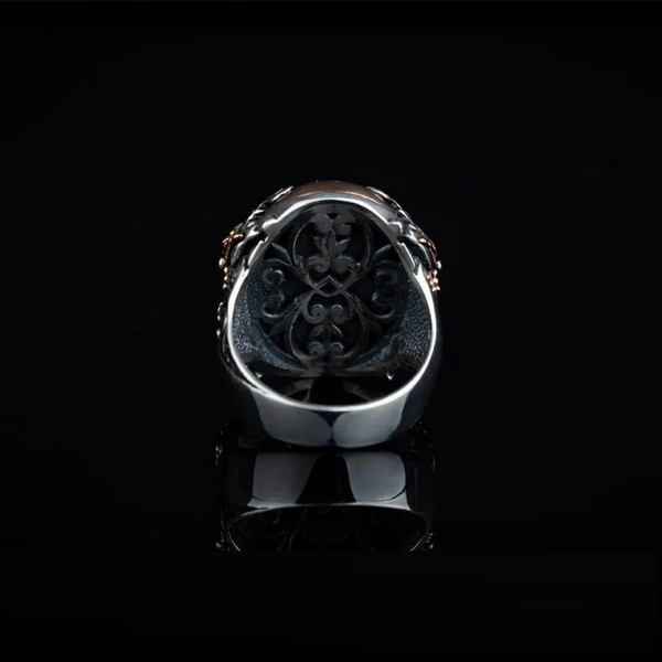 Blue Tiger Eye Crossed Sword Band Silver Ring