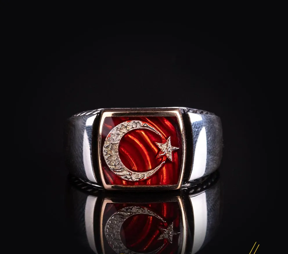 Crescent Star Red Enamel Silver Ring Main image