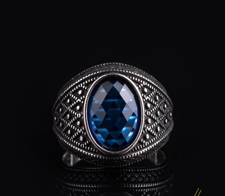 Micro Detailed Faceted Cut Blue Zircon Silver Ring Main image