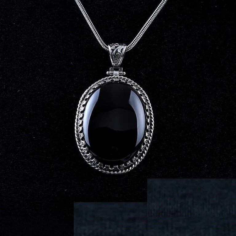 Black Aqeeq Onyx Oval Silver Pendant Main image