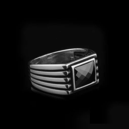 Black Rectangle Faced Cut Zircon Silver Ring Main image
