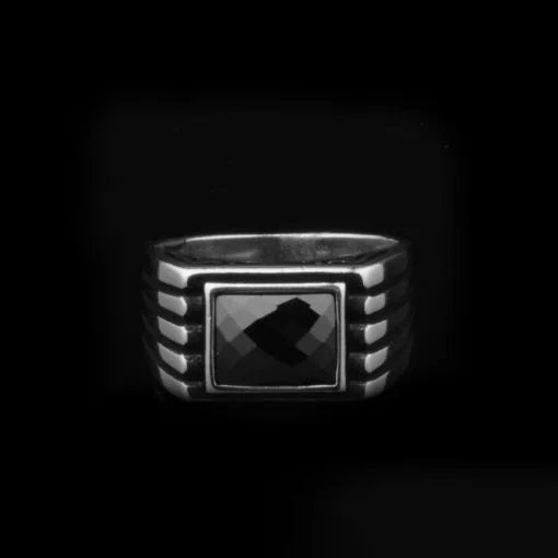 Black Rectangle Faced Cut Zircon Silver Ring Secondary image