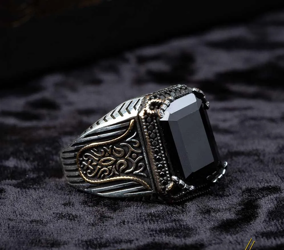 Black Zircon Octagon Cut Silver Men Ring Main image