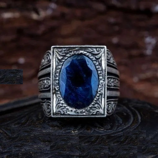 Blue Sapphire Rectangle Hand Engraved Men Ring Main image