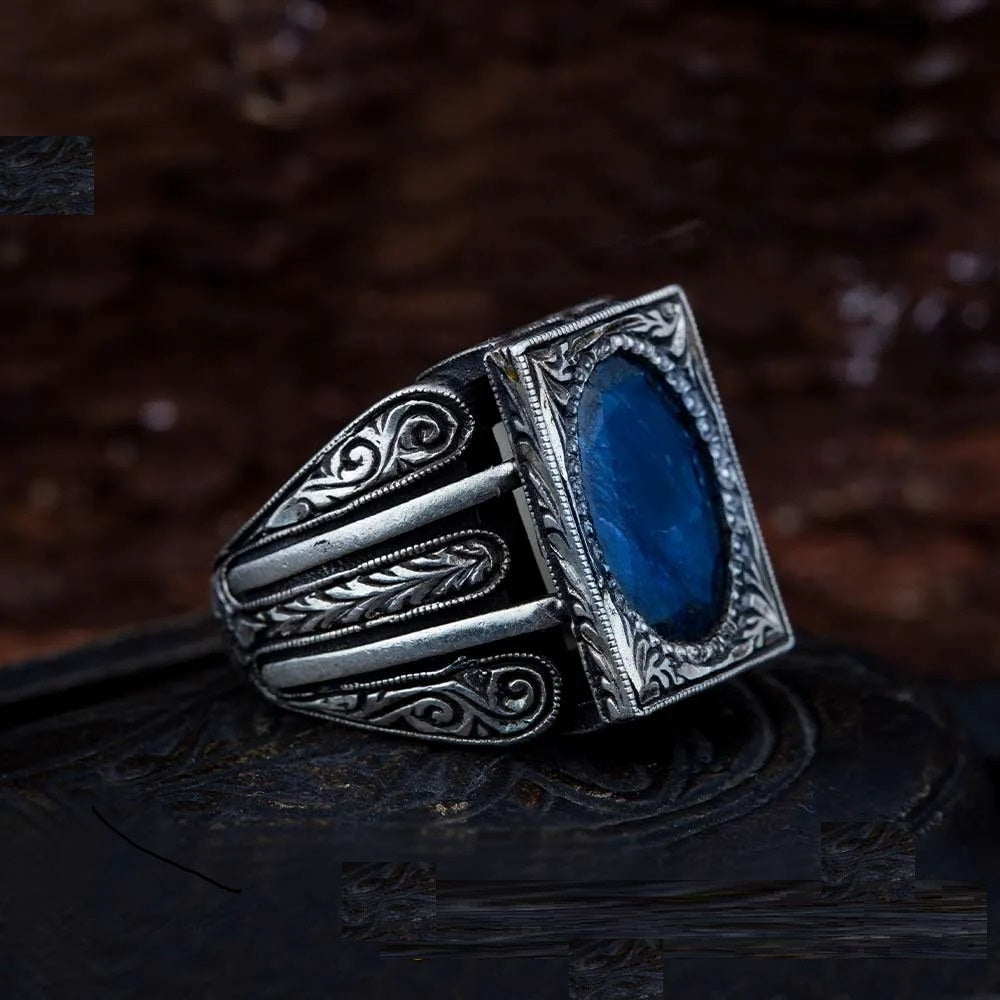 Blue Sapphire Rectangle Hand Engraved Men Ring Secondary image