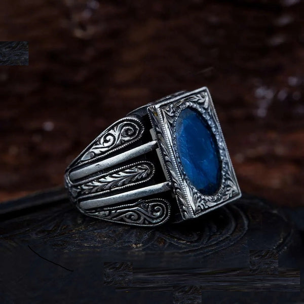 Blue Sapphire Rectangle Hand Engraved Men Ring