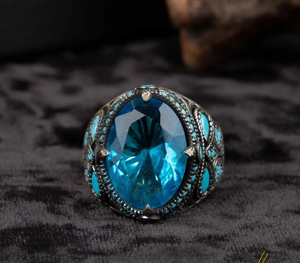 Blue Zircon Men Ring With Turquoise Stones Secondary image