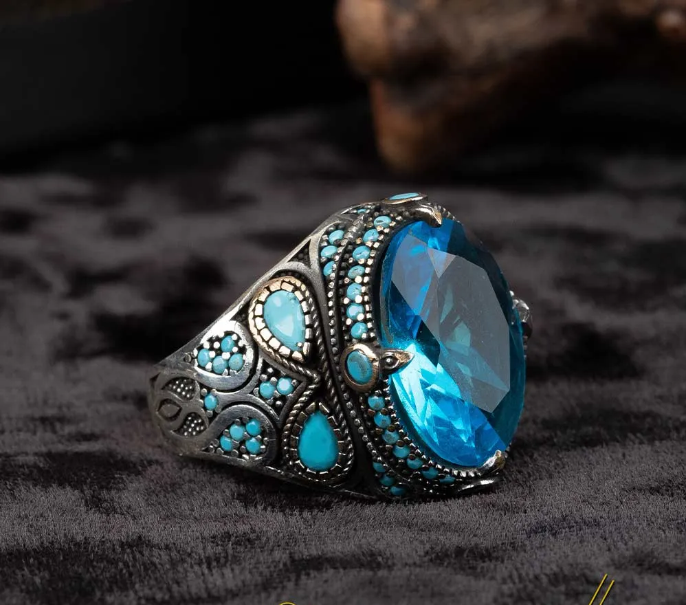 Blue Zircon Men Ring With Turquoise Stones Main image