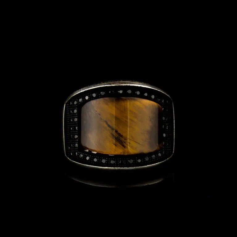 Curved Tiger Eye Silver Ring Main image