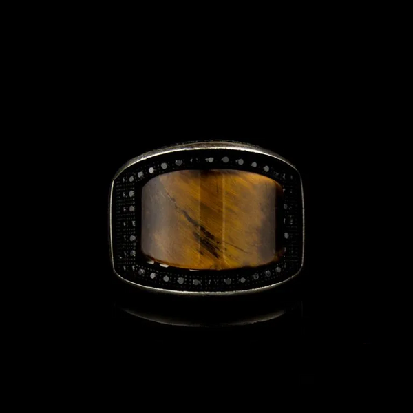 Curved Tiger Eye Silver Ring
