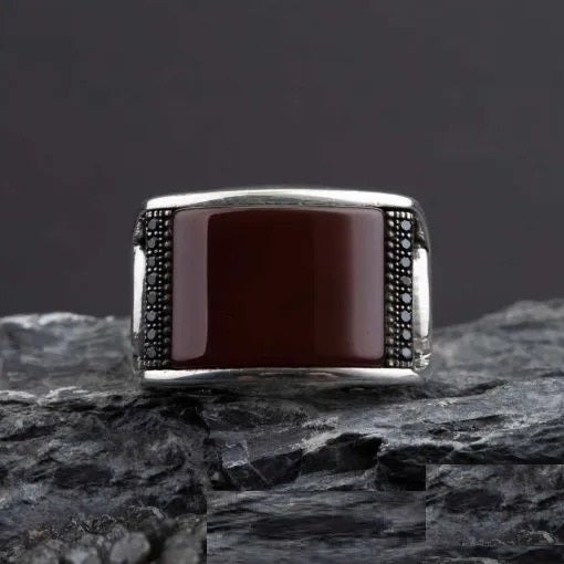 Exclusive Rectangle Red Aqeeq Men Ring Main image