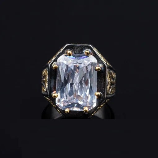 Masterpiece Collection White Zircon Gold Plated Oxidized Silver Ring Main image