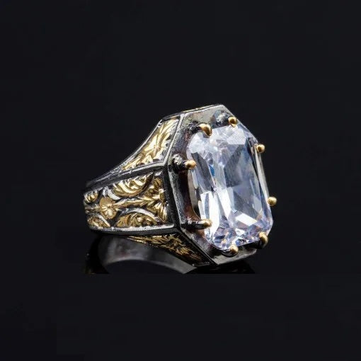 Masterpiece Collection White Zircon Gold Plated Oxidized Silver Ring Secondary image