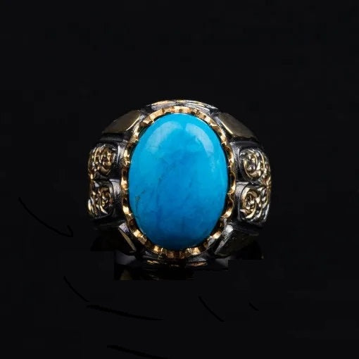 Masterpiece Collection Turquoise Feroza Oval Gilded Oxidized Silver Ring Main image
