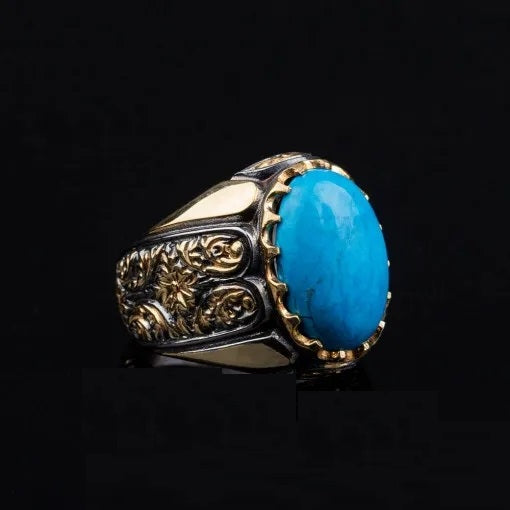 Masterpiece Collection Turquoise Feroza Oval Gilded Oxidized Silver Ring Secondary image