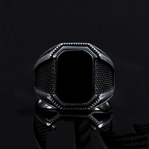 Black Onyx Rectangle Micro Cut Silver Ring Main image