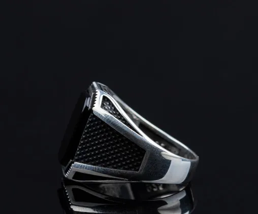 Black Onyx Rectangle Micro Cut Silver Ring Secondary image