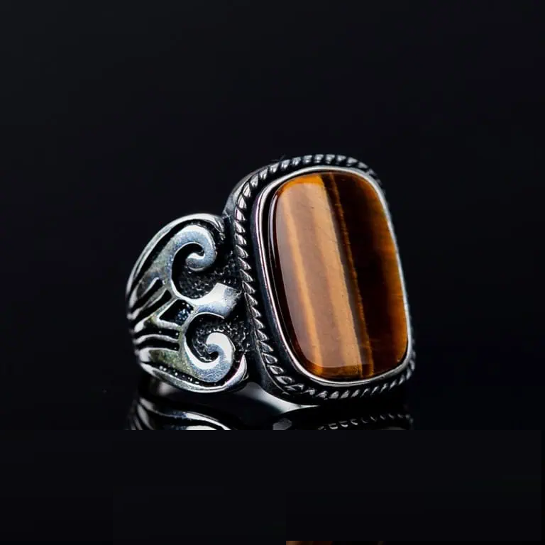 Brown Tiger Eye Rectangle Spear Silver Ring Main image