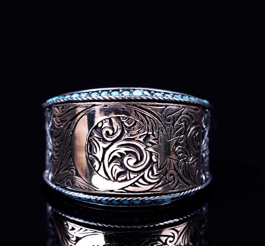Bronze Crescent Star Micro Turquoise Detailed Silver Ring Main image