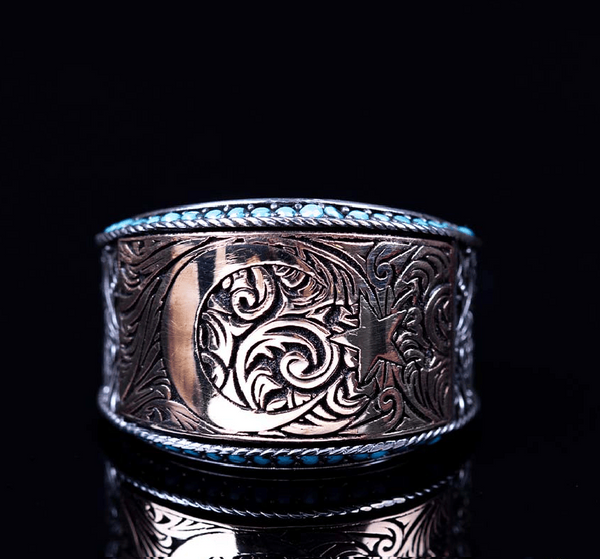 Bronze Crescent Star Micro Turquoise Detailed Silver Ring