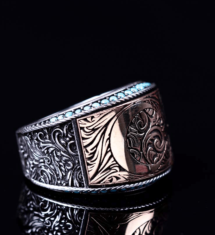 Bronze Crescent Star Micro Turquoise Detailed Silver Ring Secondary image