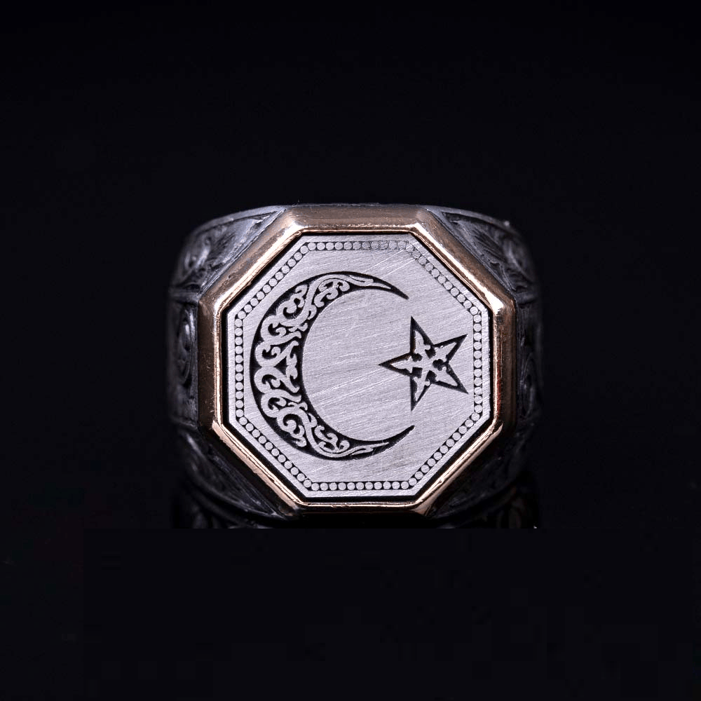 Crescent Star Hand Engraved Exclusive Silver Ring Secondary image