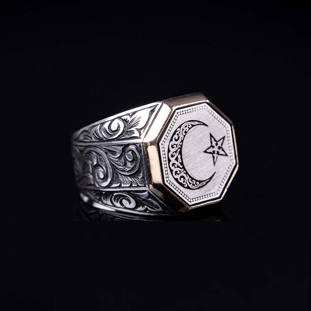 Crescent Star Hand Engraved Exclusive Silver Ring Main image