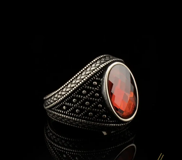 Micro Detailed Faceted Cut Red Zircon Silver Ring