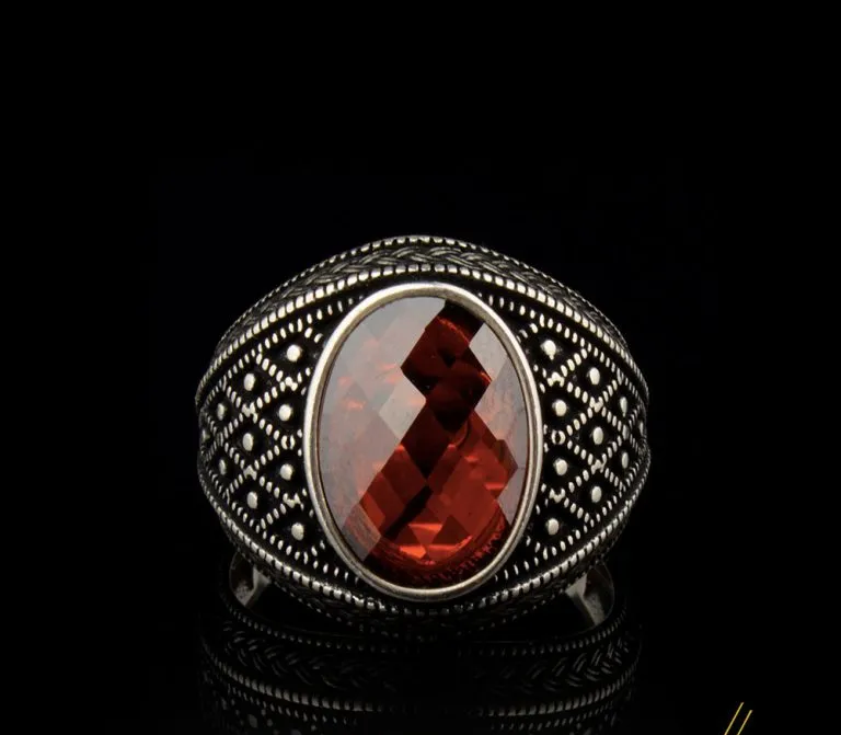 Micro Detailed Faceted Cut Red Zircon Silver Ring Secondary image
