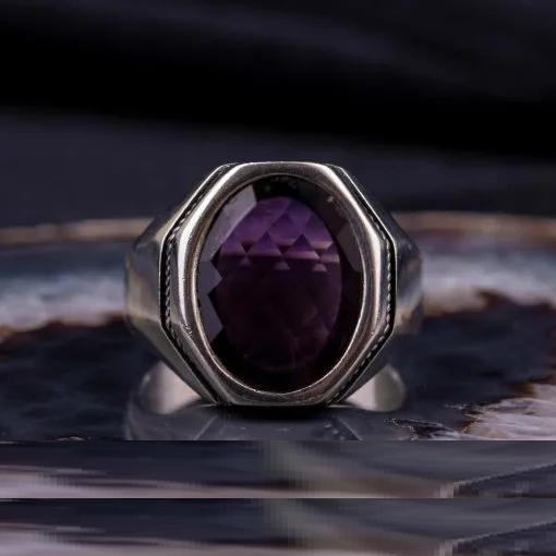 Octagon Amethyst Zircon Silver Ring Main image