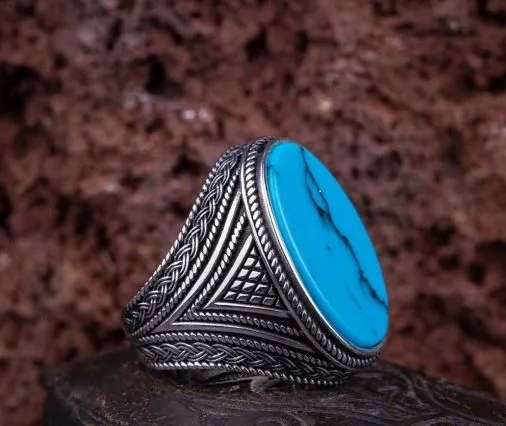 Oval Big Turquoise Knit Pattern Silver Ring Main image