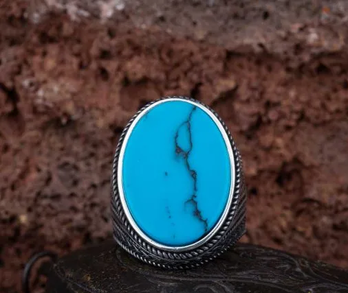 Oval Big Turquoise Knit Pattern Silver Ring Secondary image