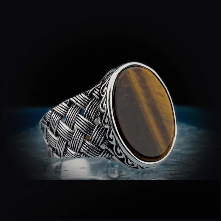 Oval Tiger Eye Knitted Silver Men Ring Main image