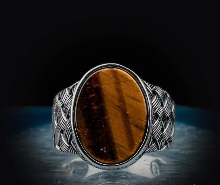 Oval Tiger Eye Knitted Silver Men Ring Secondary image
