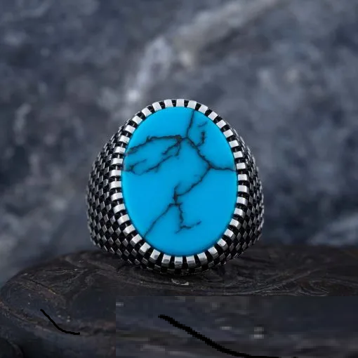 Oval Turquoise Grid Pattern Silver Ring Main image