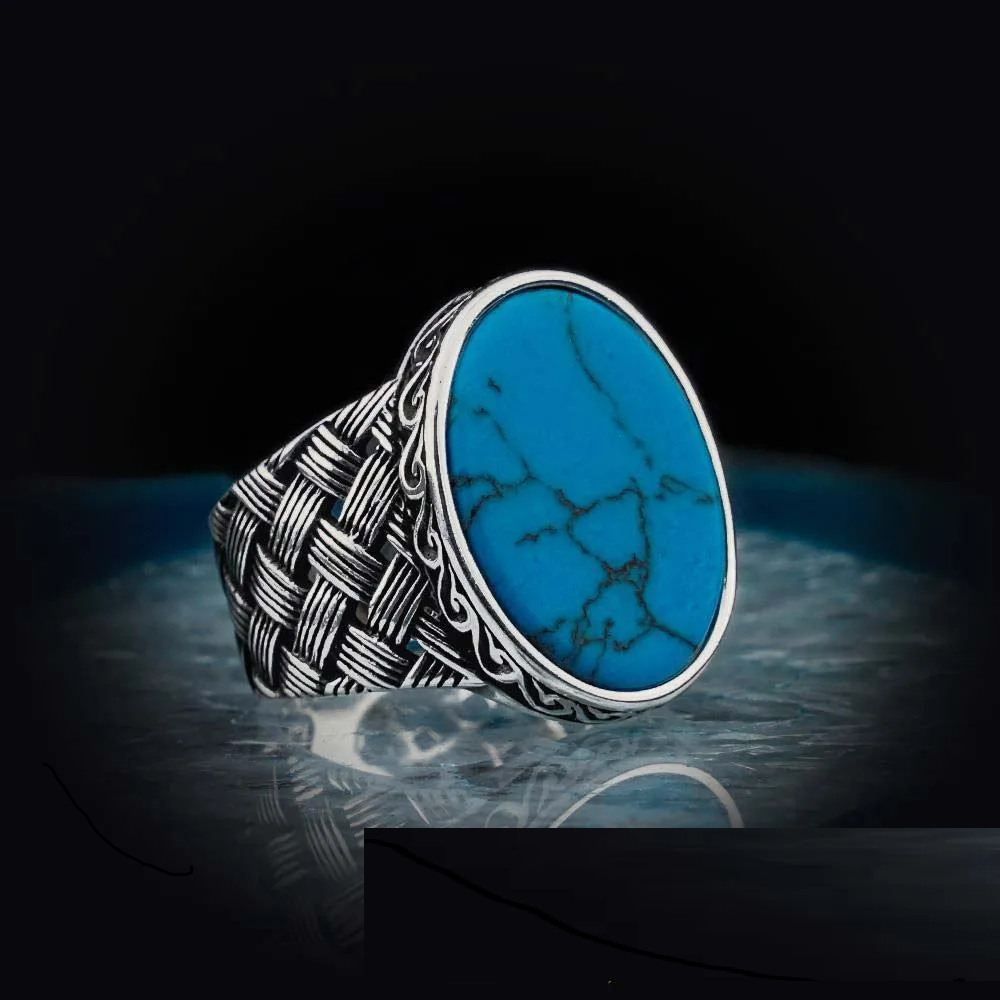 Oval Turquoise Knitted Silver Men Ring Secondary image