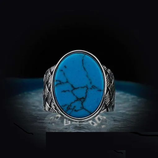 Oval Turquoise Knitted Silver Men Ring Main image