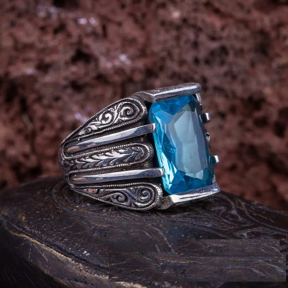Rectangle Aqua Blue Zircon Hand Engraved Secondary image