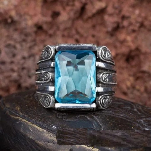 Rectangle Aqua Blue Zircon Hand Engraved Main image
