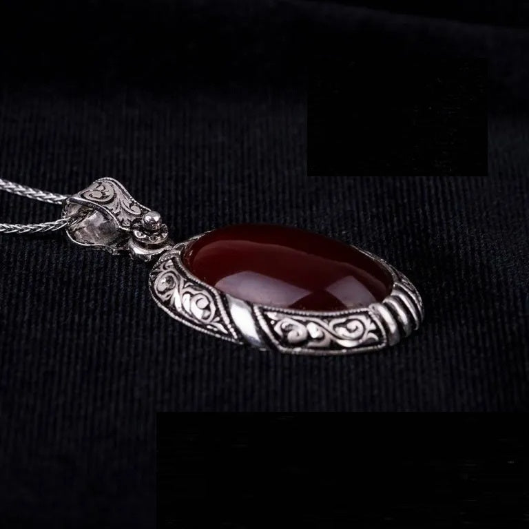 Red Yemeni Aqeeq D Shape Hand Engraved Pendant Main image
