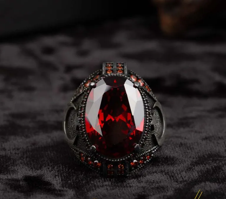 Red Zircon Men Ring With Crescent Star Main image