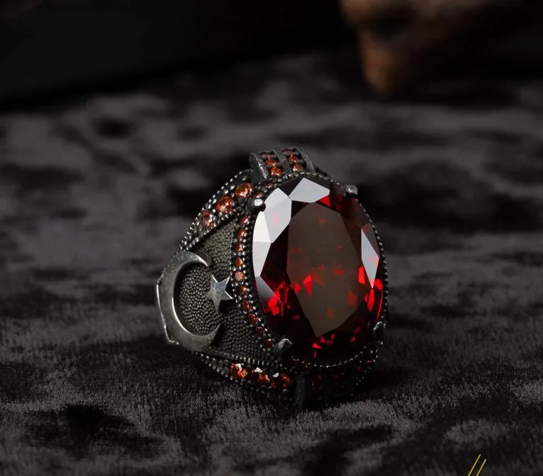 Red Zircon Men Ring With Crescent Star Secondary image
