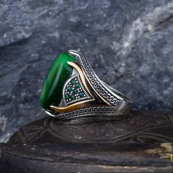 Rectangle Tiger Eye Knitted Silver Men Ring