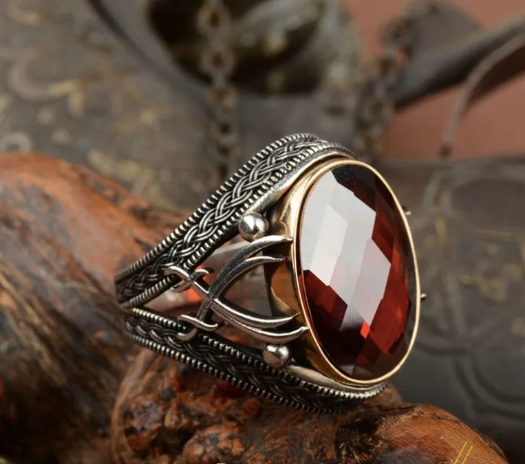 Red Zircon Stone Silver Ring with Double Swords Figure Main image