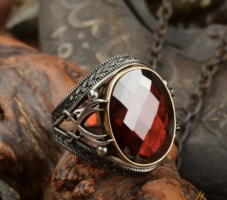 Red Zircon Stone Silver Ring with Double Swords Figure Secondary image
