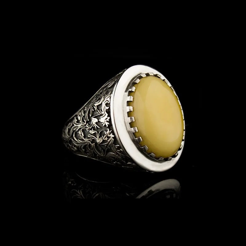 Savoy Collection Yellow Amber Hand Engraved Ring Secondary image