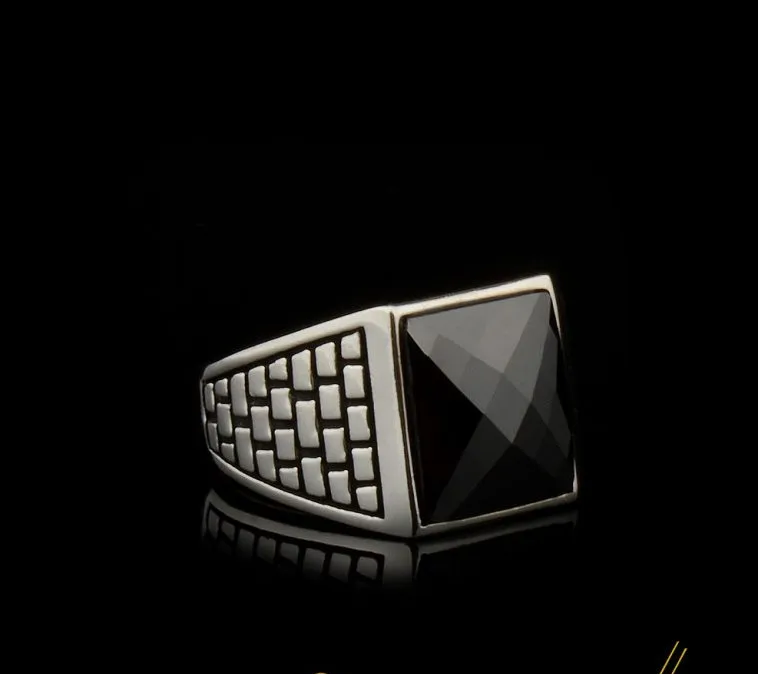 Square Faceted Cut Black Zircon Classic Silver Men Ring Main image